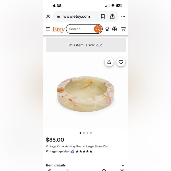 Vintage onyx ash tray 8” wide and 1” tall with 4 slots for cigarettes. - Picture 6 of 6